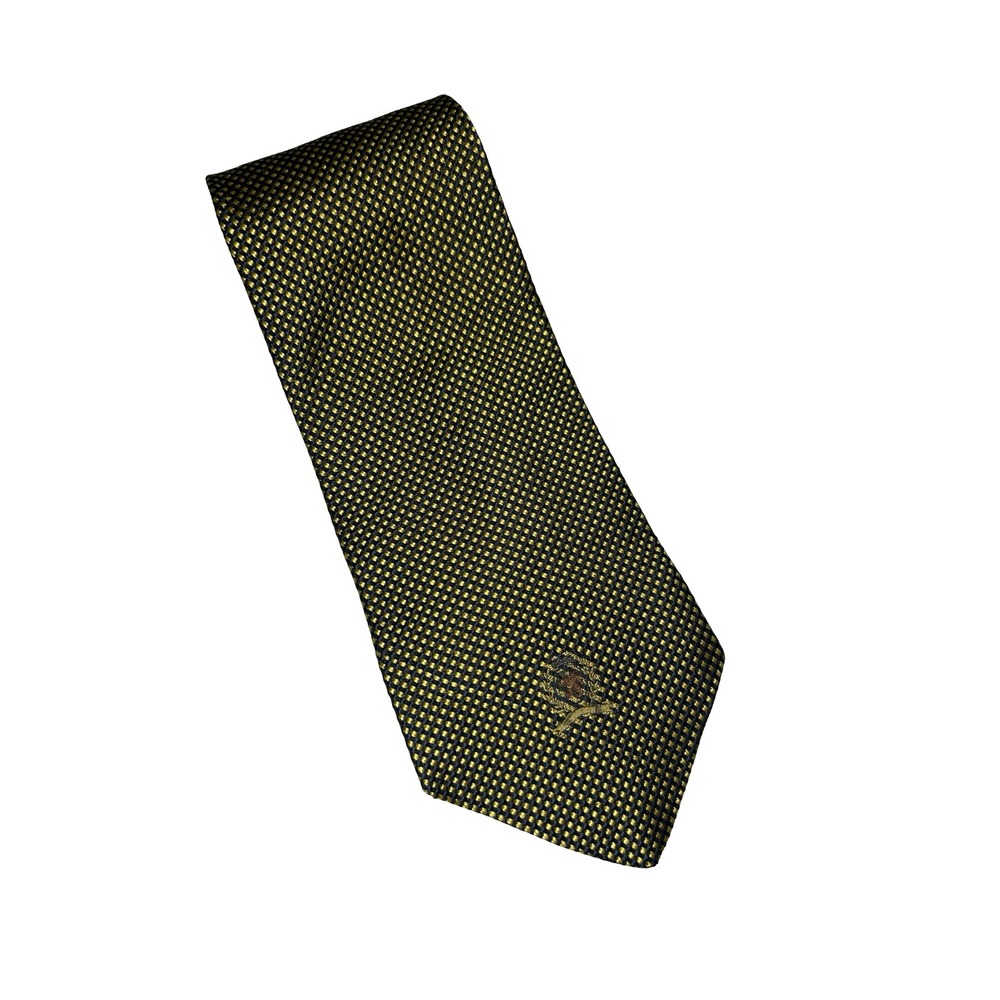 Tommy Hilfiger Mens Silk Tie Gold Navy Blue Green Geometric Micro Pattern USA